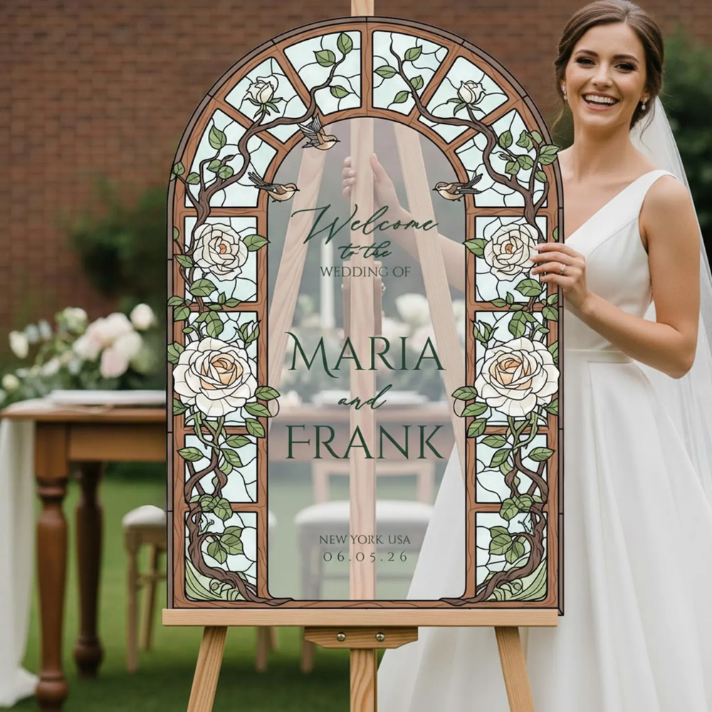 Personalized Cream Roses Wedding Welcome Stained Glass Acrylic Sign, Custom Floral Stained Glass Wedding Sign WD0689