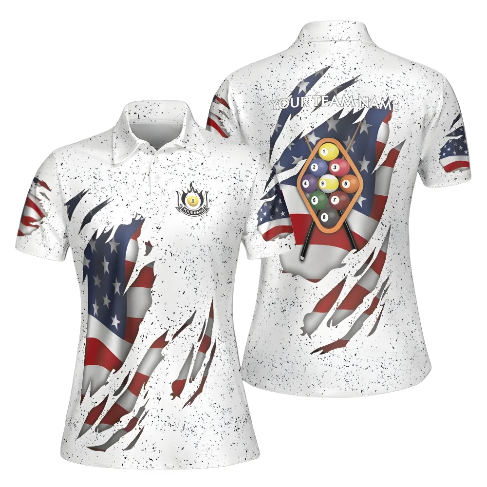 USA Flag Custom White Grunge Billiard Women Polo Shirts, Custom Patriotic Billiard Team Shirts Ladies BIE0031