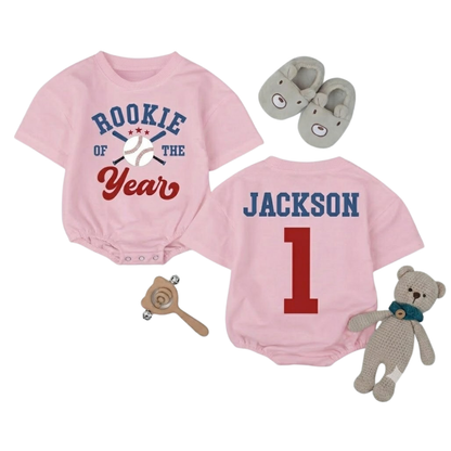 Customized Rookie of the Year 1st Birthday T Shirt Bubble Romper, Custom Baseball First Birthday Baby Romper BB0265