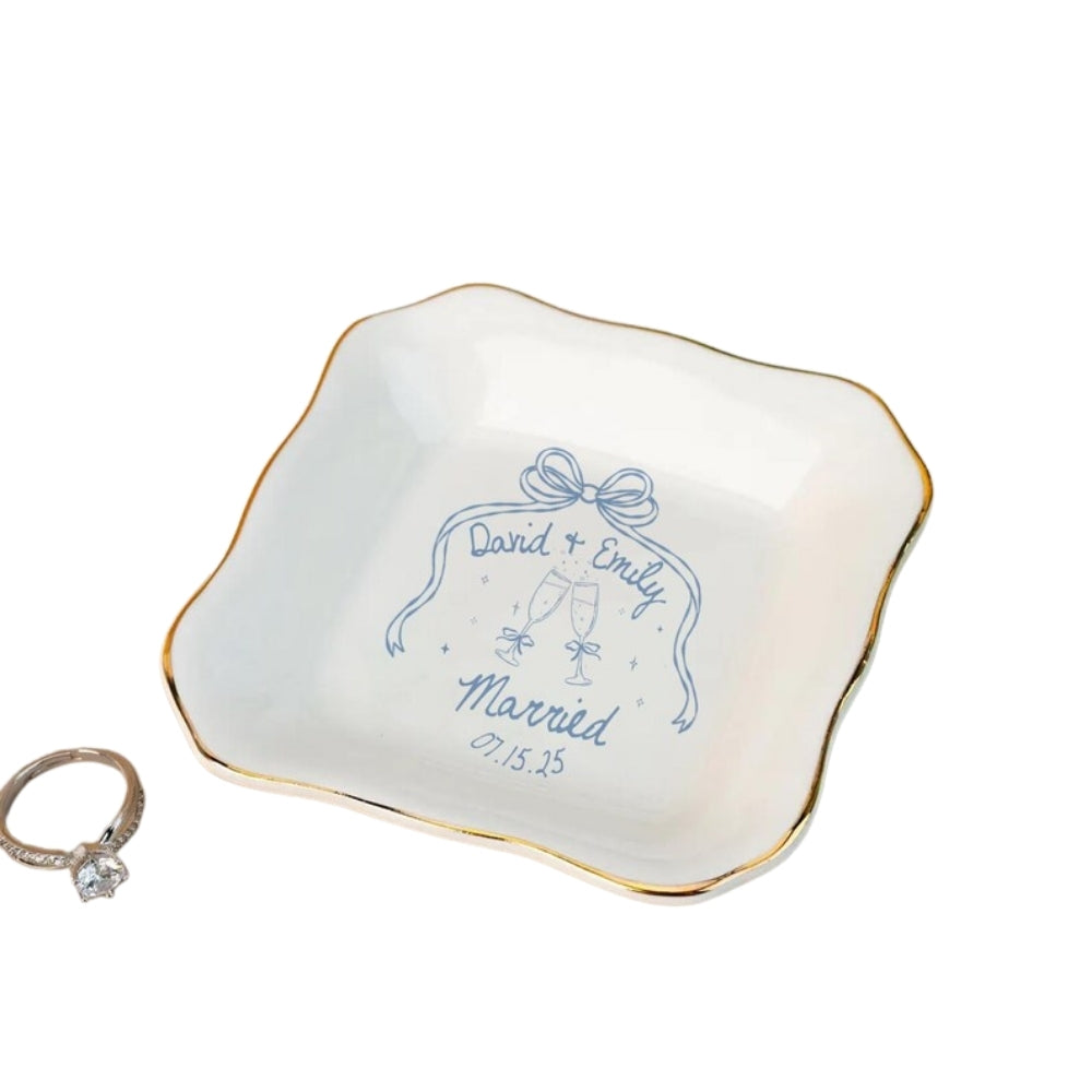 Personalized Bow Couple Engaged Married Ring Dish, Custom Engagement Jewelry Dish For Bride WD0082