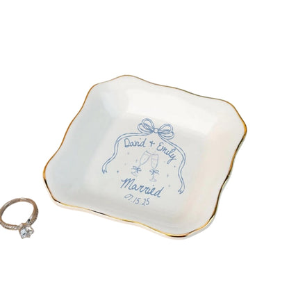 Personalized Bow Couple Engaged Married Ring Dish, Custom Engagement Jewelry Dish For Bride WD0082