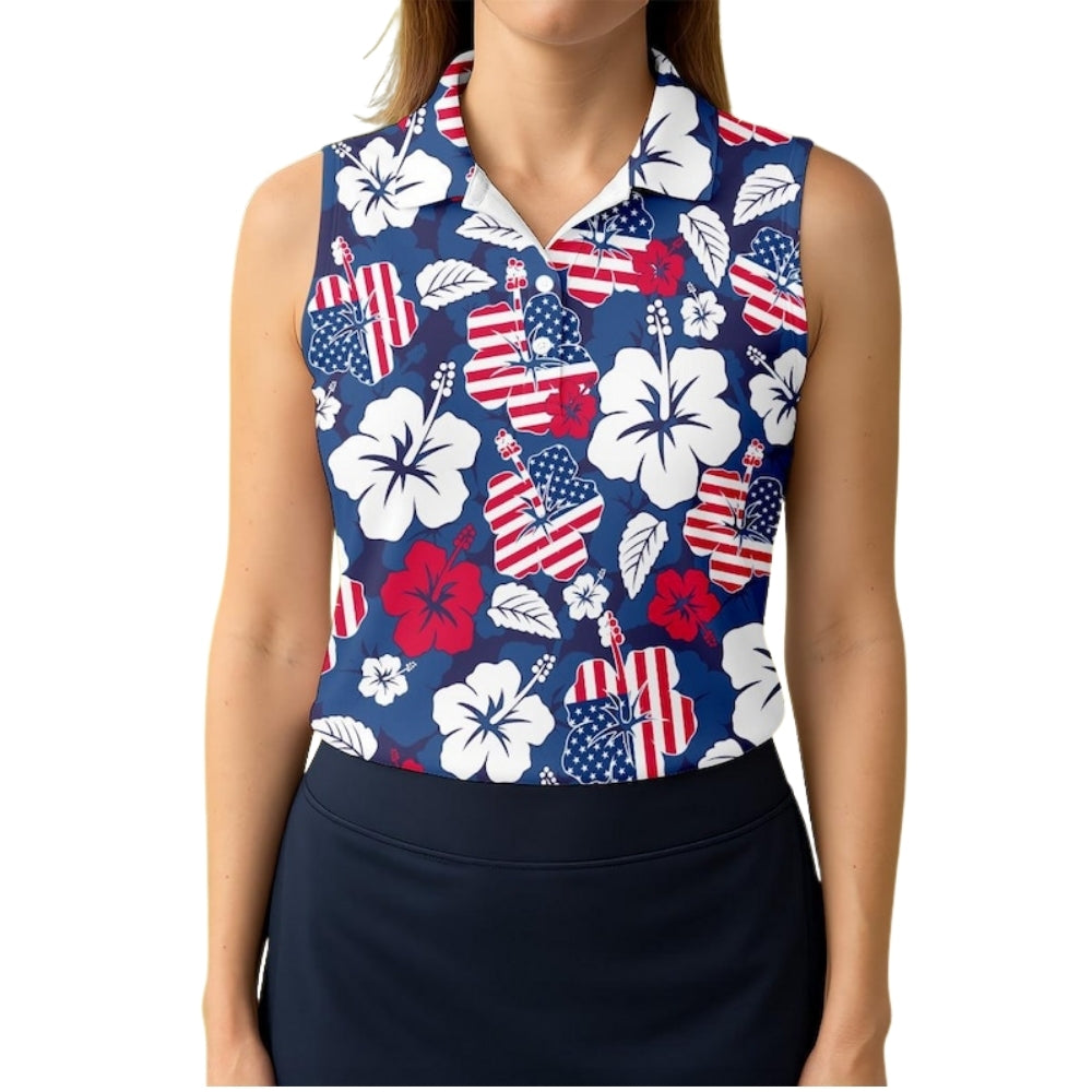 Hibiscus American Flag Women's Sleeveless Golf Shirt, Tropical 4th Of July Golf Shirts For Ladies GE0391