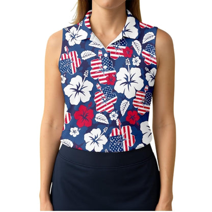 Hibiscus American Flag Women's Sleeveless Golf Shirt, Tropical 4th Of July Golf Shirts For Ladies GE0391