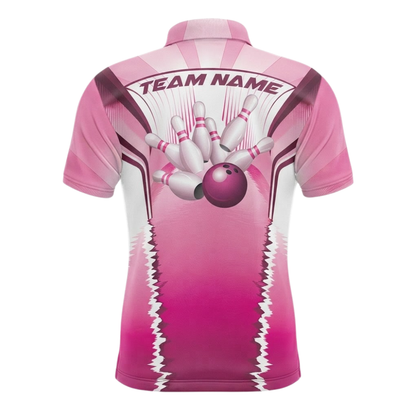 Pink And White Custom Mens Bowling Polo Shirt For Team, Custom Team Bowling Shirts BZ0560