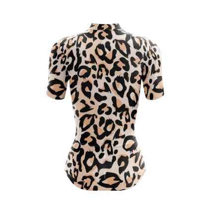 Leopard Black And Beige Cycling Short Sleeve Jersey Women, Leopard Cycling Jersey For Ladies CG0743