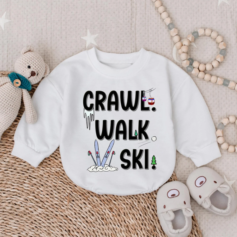 Crawl Walk Ski Baby Romper Sweatshirt, Skiing Romper Sweatshirt Baby BB0744
