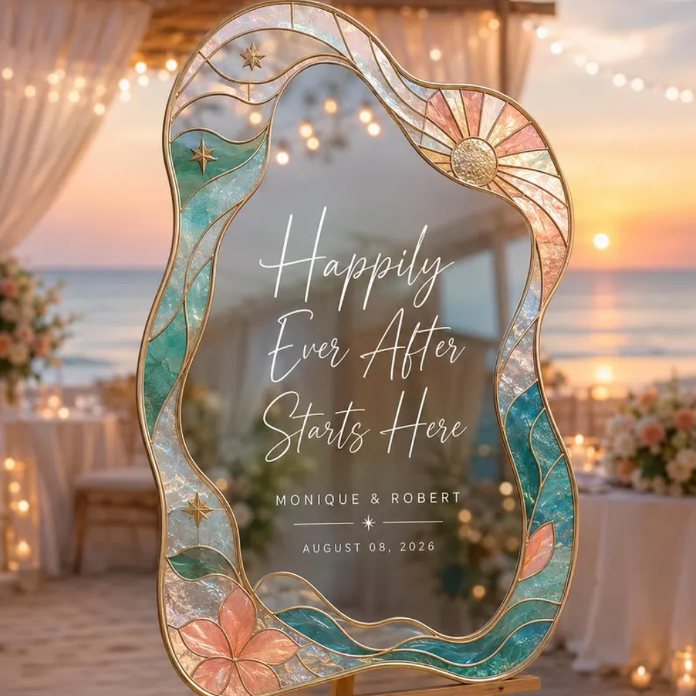 Happily Ever After Starts Here Personalized Sunset Ocean Wave Stained Glass Wedding Acrylic Mirror Sign, Personalized Beach Destination Wedding Welcome Stained Glass Sign WD0748