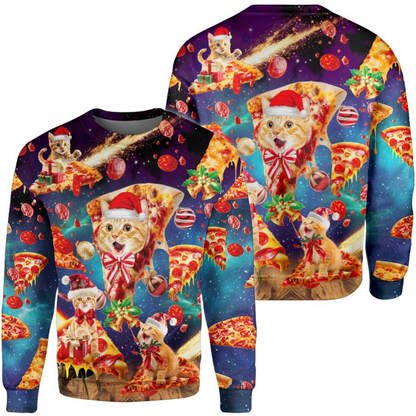 Cat Pizza Christmas Galaxy 3D Ugly Sweatshirt, Cat Lover Christmas Sweatshirt 2D1296