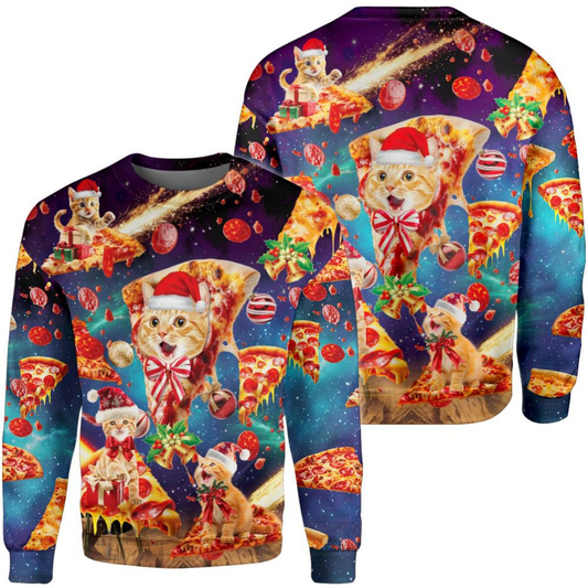 Cat Pizza Christmas Galaxy 3D Ugly Sweatshirt, Cat Lover Christmas Sweatshirt 2D1296