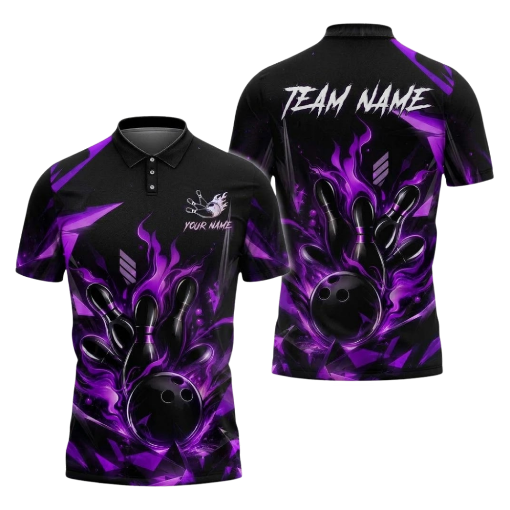 Blue Flame Custom Bowling Polo Shirt For Men, Custom Flame Bowling Team Shirts BZ1087