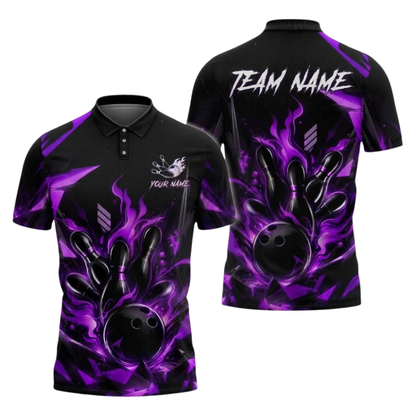 Blue Flame Custom Bowling Polo Shirt For Men, Custom Flame Bowling Team Shirts BZ1087