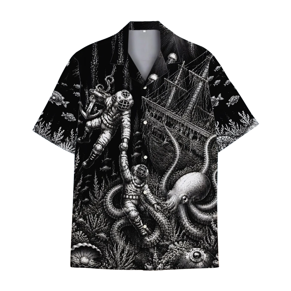 Diver Octopus Black Hawaiian Shirt Men Women, Diver Hawaiian Shirt HE0537