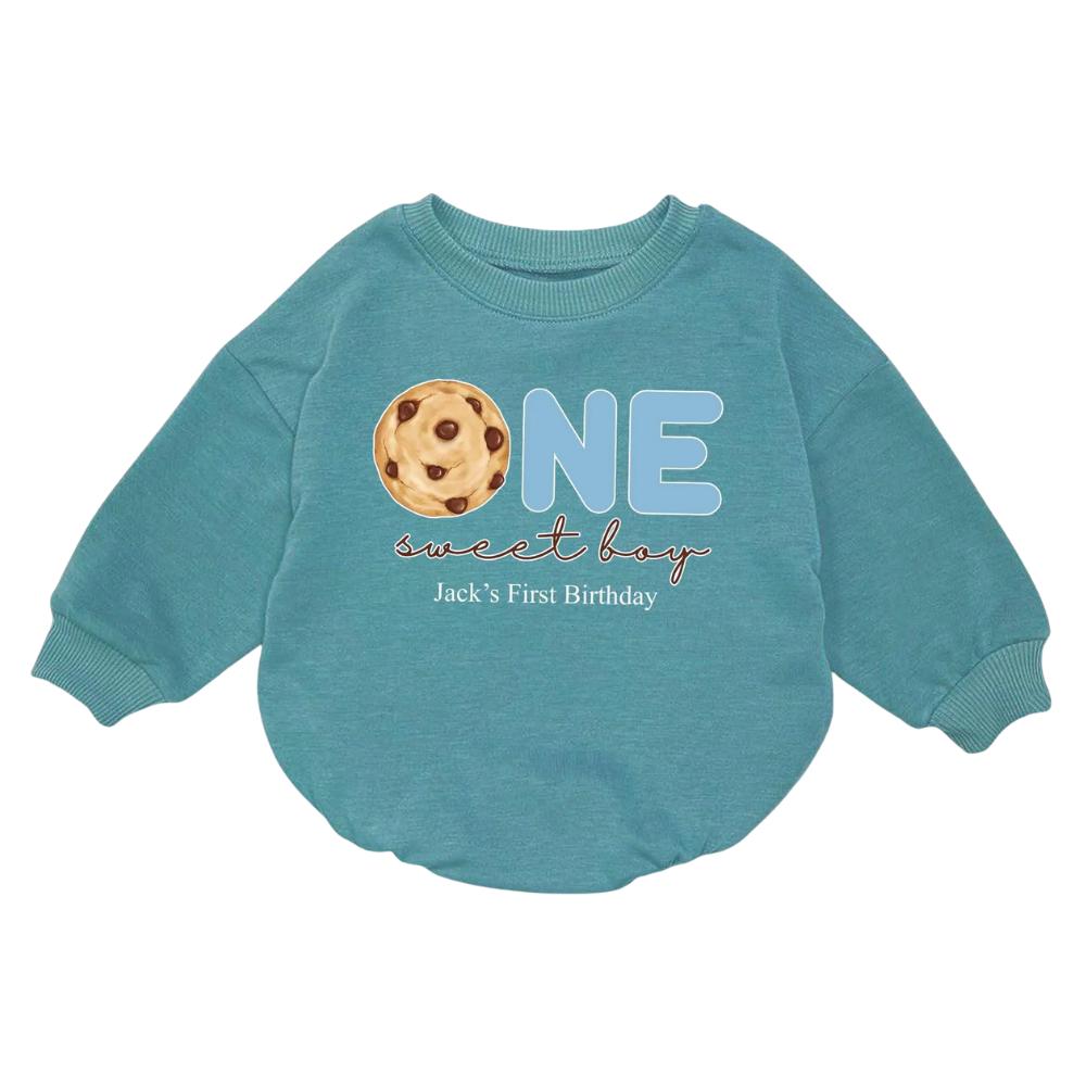 Custom Name One Sweet Boy Birthday Baby Romper Sweatshirt, Custom 1st Birthday Cookie Baby Boy Romper Sweatshirt BB0088