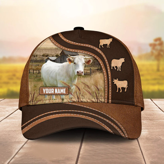 Charolais Leather Brown Pattern Customized Name Cap CA0160