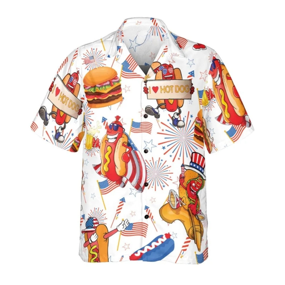 Funny Hot Dog Hamburger Hawaiian Shirt For Men Women, Hot Dog Patriotic Hawaiian Shirt For 4th Of July HE0498