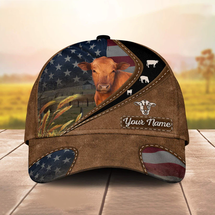 Red Angus Leather Pattern American Customized Name Cap CA0113