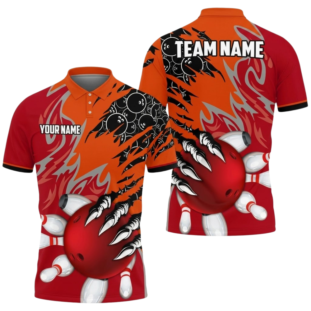 Custom Orange Cyan Grunge Bowling Mens Polo Shirt, Custom Team Bowling Shirts BZ0855