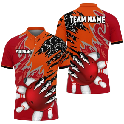 Custom Orange Cyan Grunge Bowling Mens Polo Shirt, Custom Team Bowling Shirts BZ0855