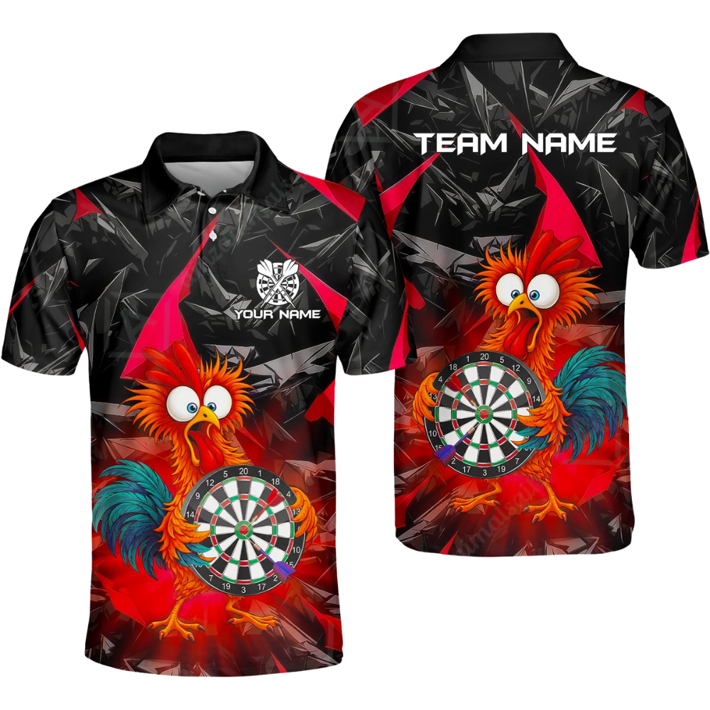 Funny Rooster Custom Mens Bowling Polo Shirt, Custom Rooster Dart Team Shirts DZ0098