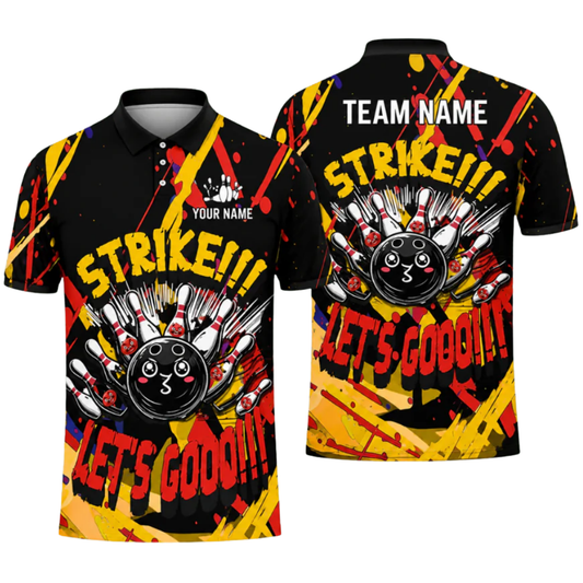 Strike Let's Go Custom Funny Pins And Ball Graffiti Bowling Mens Polo Shirt, Custom Funny Bowling Team Shirts BZ0477