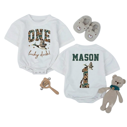 Custom One Lucky Duck Birthday Baby T Shirt Romper, Custom Duck Hunting 1st Birthday Baby Romper BB0268