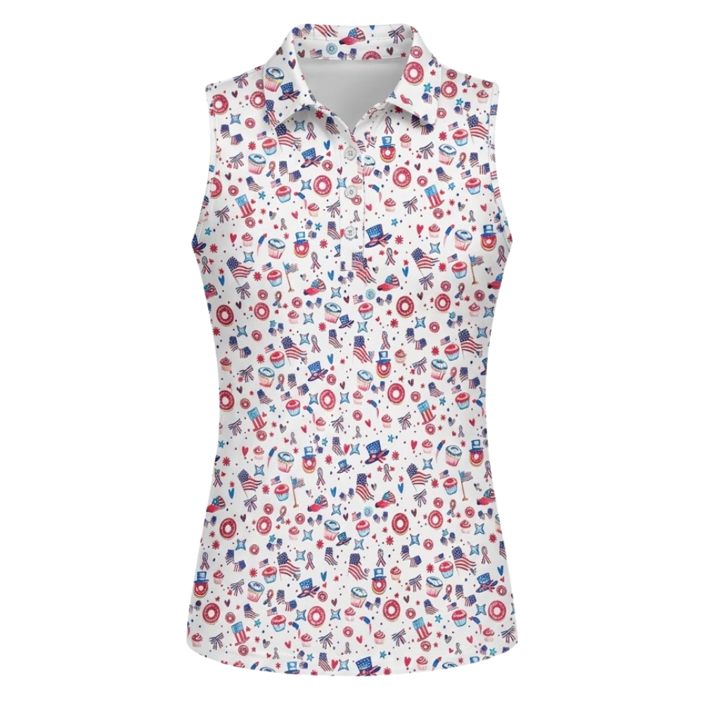 Women's USA Flag White Red Blue Sleeveless Golf Shirt, Independence Day Golf Shirt Ladies GE0545
