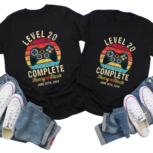 Custom Level 20 Complete Anniversary Matching Shirt For His And Her, Personalized Retro Game Anniversary Couple Shirts ET1060