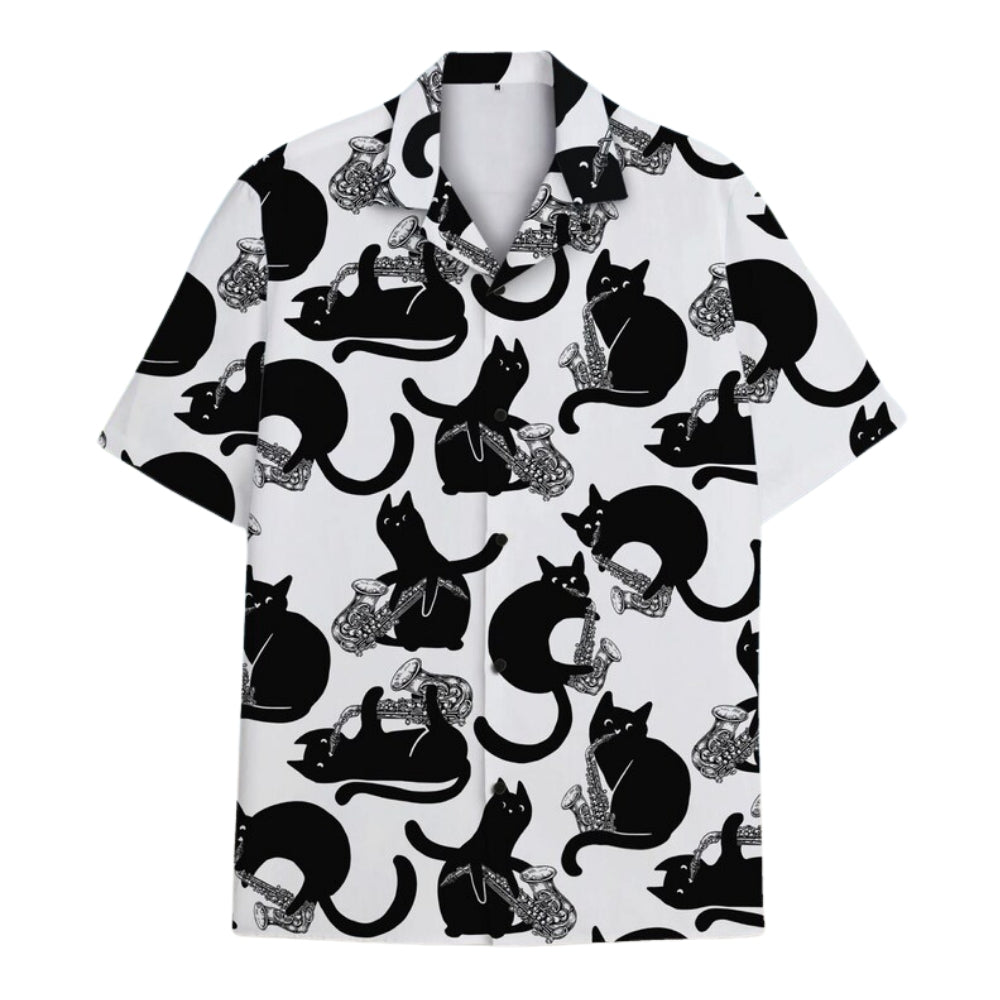 Black Cat And Saxophone Hawaiian Shirts For Men Women, Saxophone Hawaiian Shirts For Cat Lover HE0397