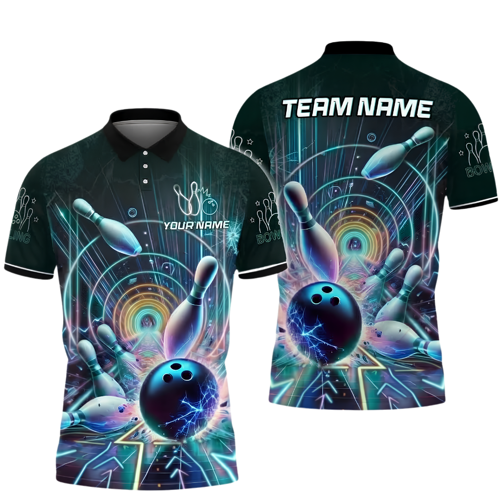 Custom Team Neon Blue Lightning Bowling Polo Shirt For Men, Custom Bowling Team Shirt BZ1015