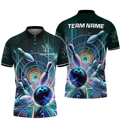 Custom Team Neon Blue Lightning Bowling Polo Shirt For Men, Custom Bowling Team Shirt BZ1015