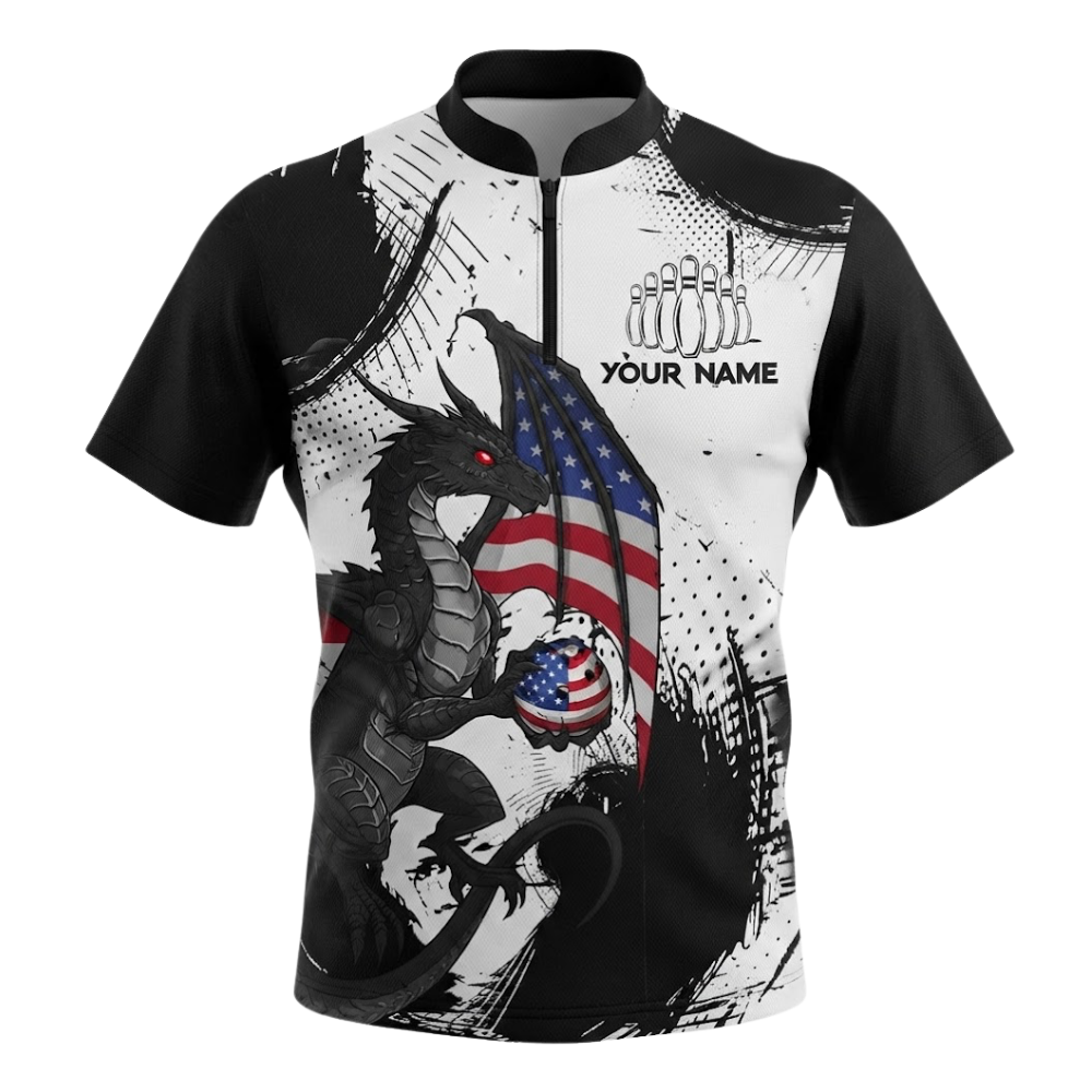 Custom Dragon Men's Bowling Jersey Black And White, Custom Dragon Bowling Shirts Team BZ0545