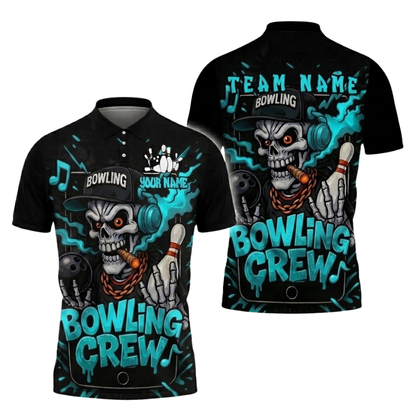 Custom Skeketon DJ Bowling Crew Polo Shirt For Men, Custom Skull Bowling Team Shirts BZ0833