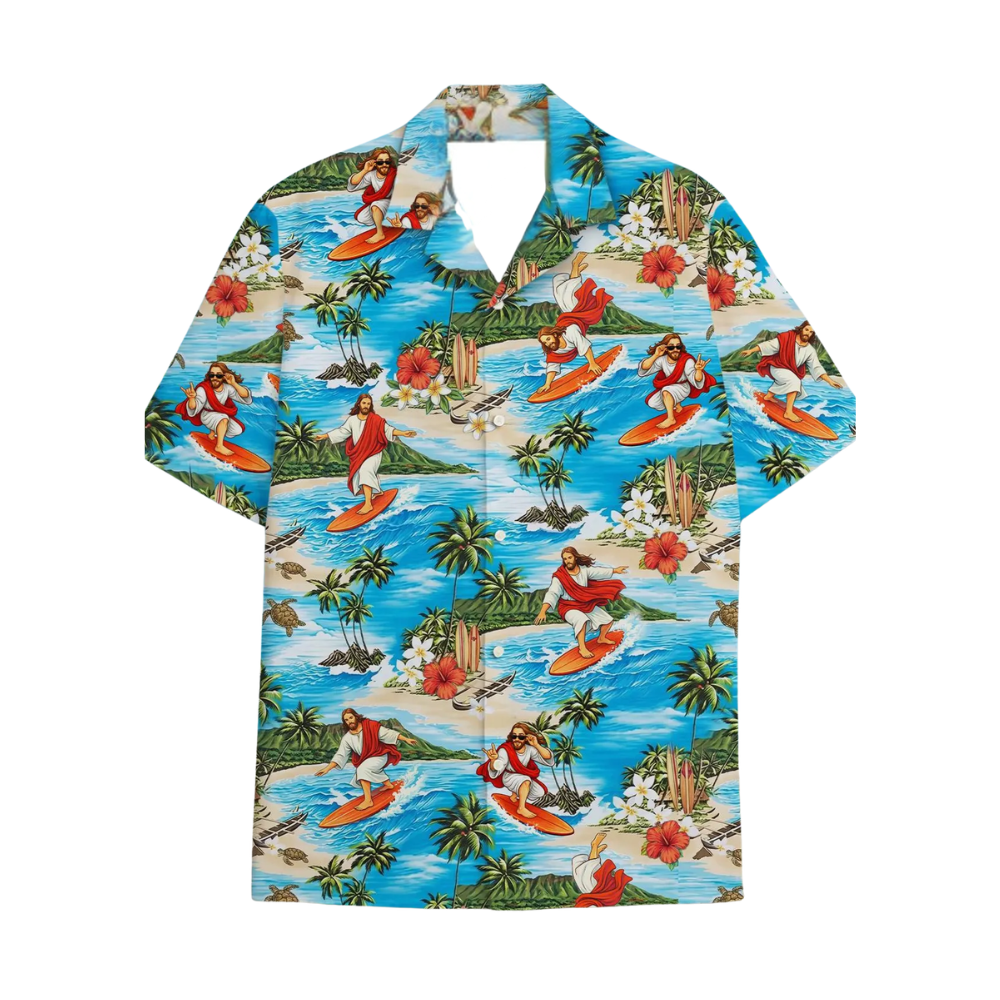 Jesus Surfing Hawaiian Shirt For Men And Women, Christian Funny Beach Hawaiian Shirt HE0381
