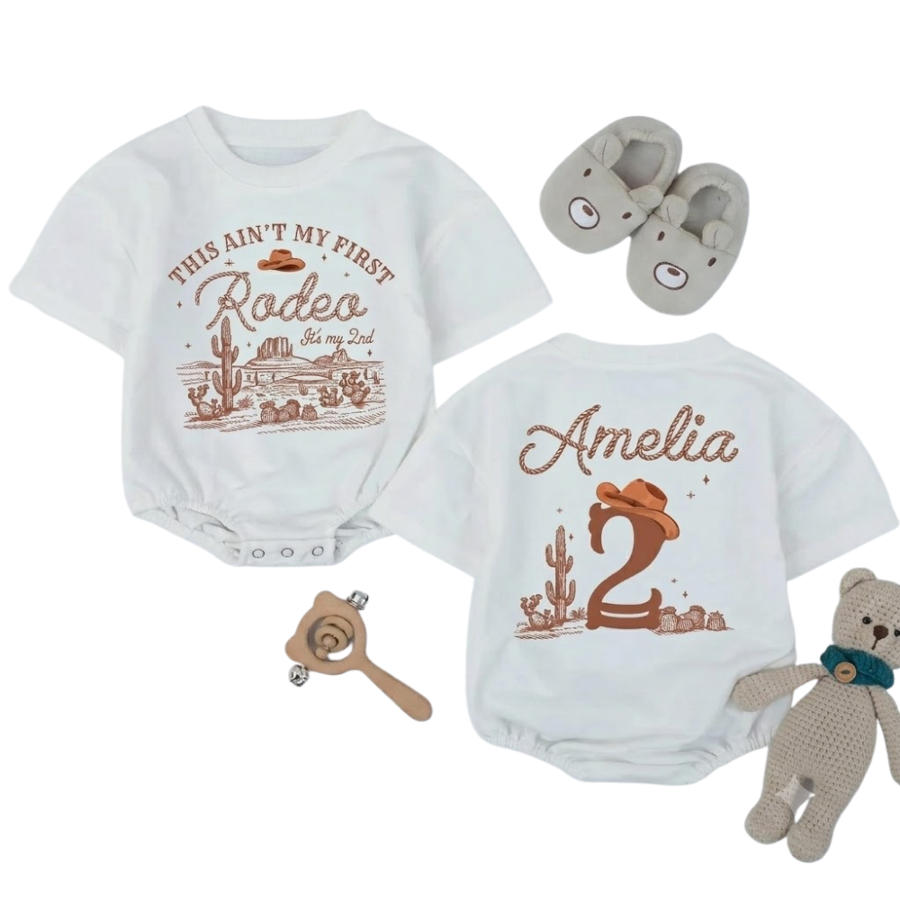 Custom This Ain’t My First Rodeo It's My 2nd Baby Tshirt Romper, Custom Name Western 2nd Birthday Baby Romper BB0283