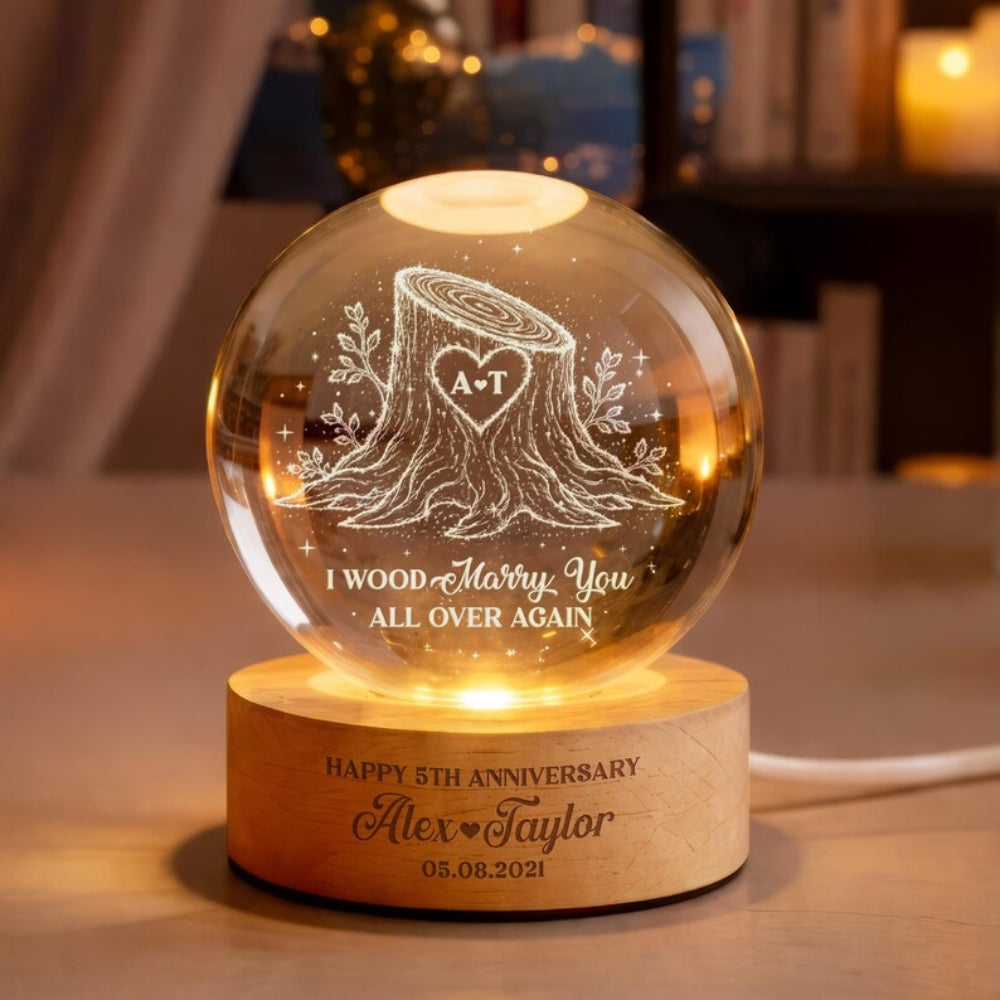 Custom 5th Wedding Anniversary Crystal Led Night Light I Wood Marry You All Over Again, Custom Wood Anniversary Night Light For Couple WD0831