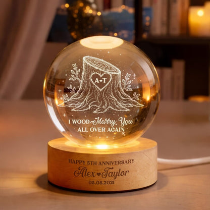 Custom 5th Wedding Anniversary Crystal Led Night Light I Wood Marry You All Over Again, Custom Wood Anniversary Night Light For Couple WD0831