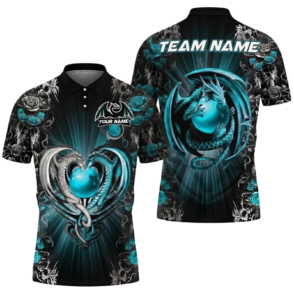Dragon And Rose Custom Mens Red Black Bowling Polo Shirt, Custom Dragon Bowling Team Shirts BZ0824