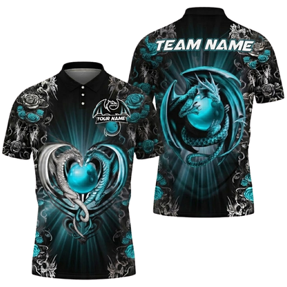 Dragon And Rose Custom Mens Red Black Bowling Polo Shirt, Custom Dragon Bowling Team Shirts BZ0824