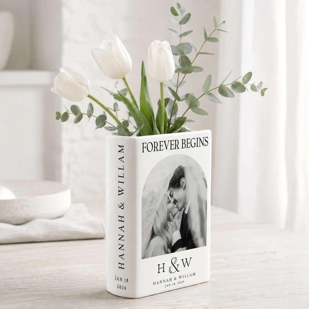 Forever Begins Custom Wedding Photo Ceramic Book Vase, Custom Wedding Book Vase With Picture WD0625