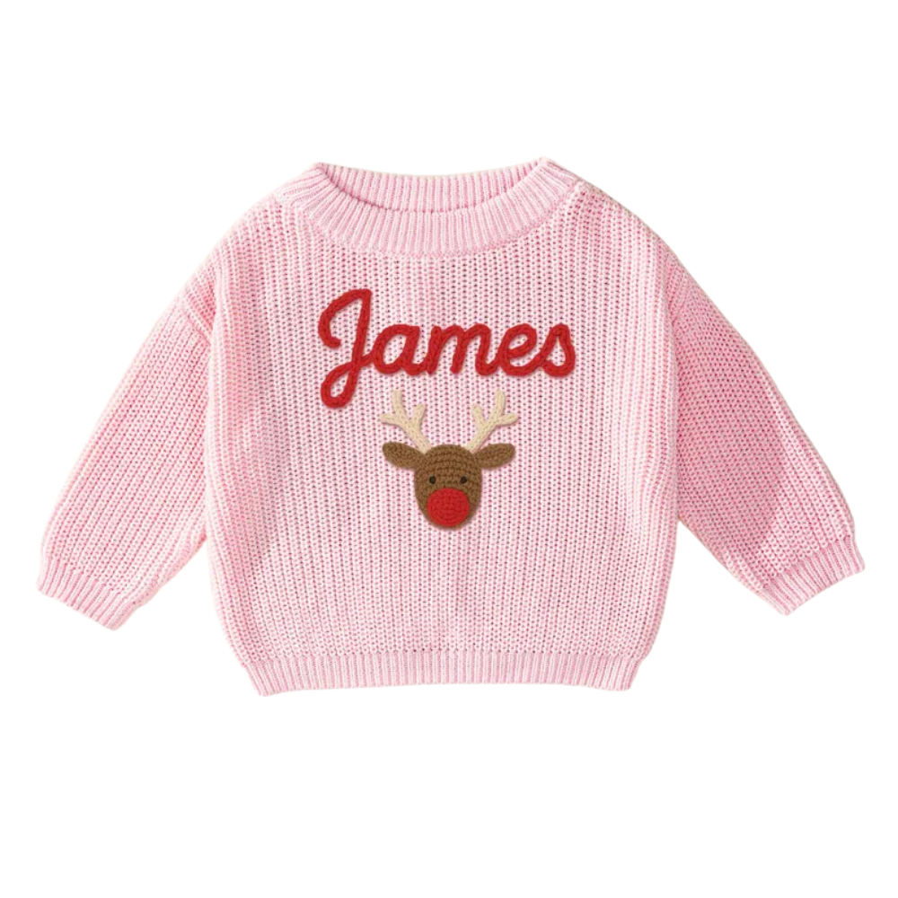 Custom Name Christmas Reindeer Embroider Knit Baby Sweater, Custom Christmas Baby Knit Sweatshirt BB0123