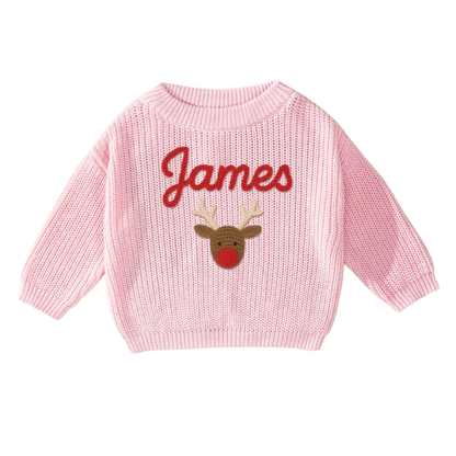 Custom Name Christmas Reindeer Embroider Knit Baby Sweater, Custom Christmas Baby Knit Sweatshirt BB0123