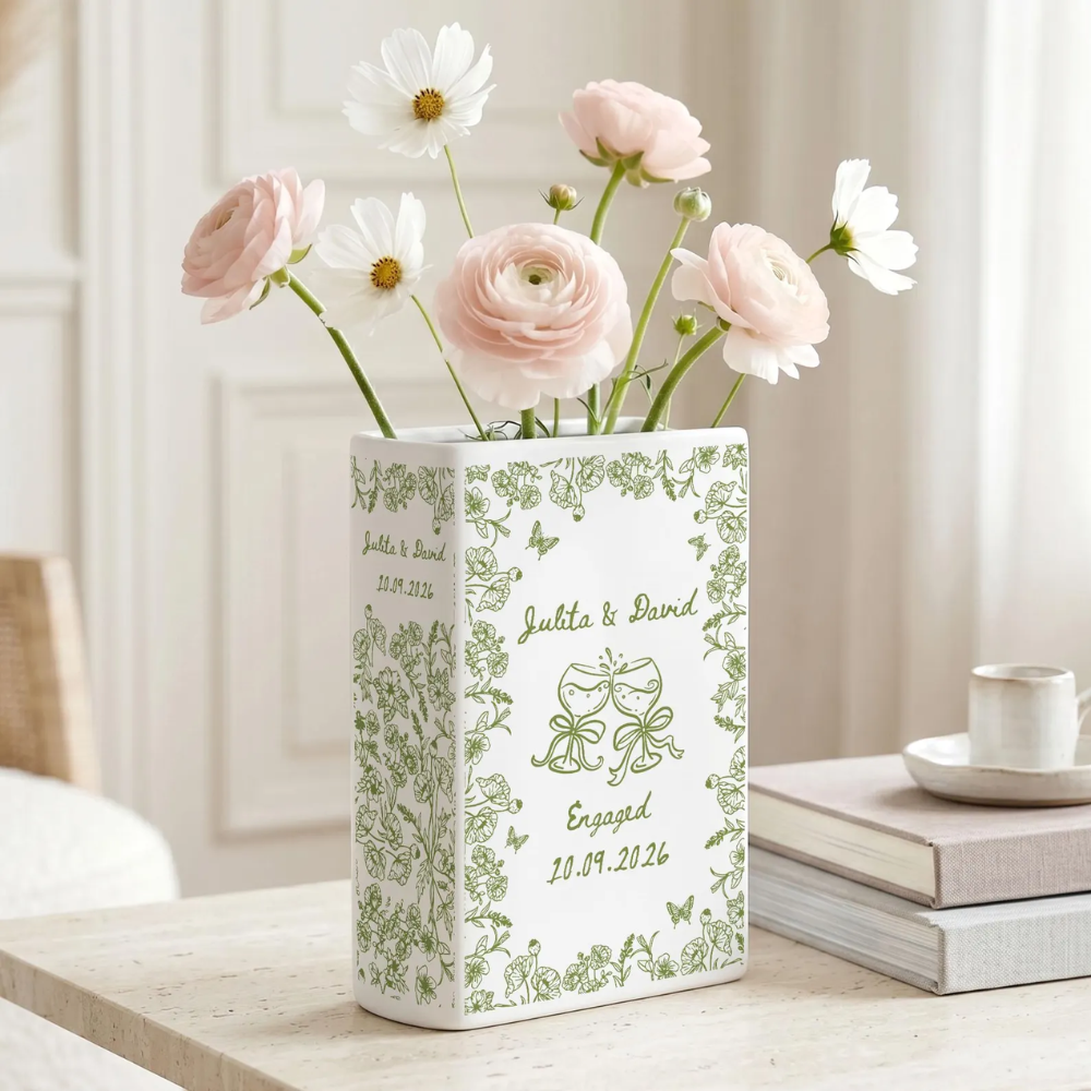 Custom Couple Name  Engeged Toile De Jouy Ceramic Book Vase, Personalized Engagement Book Vase WD0624