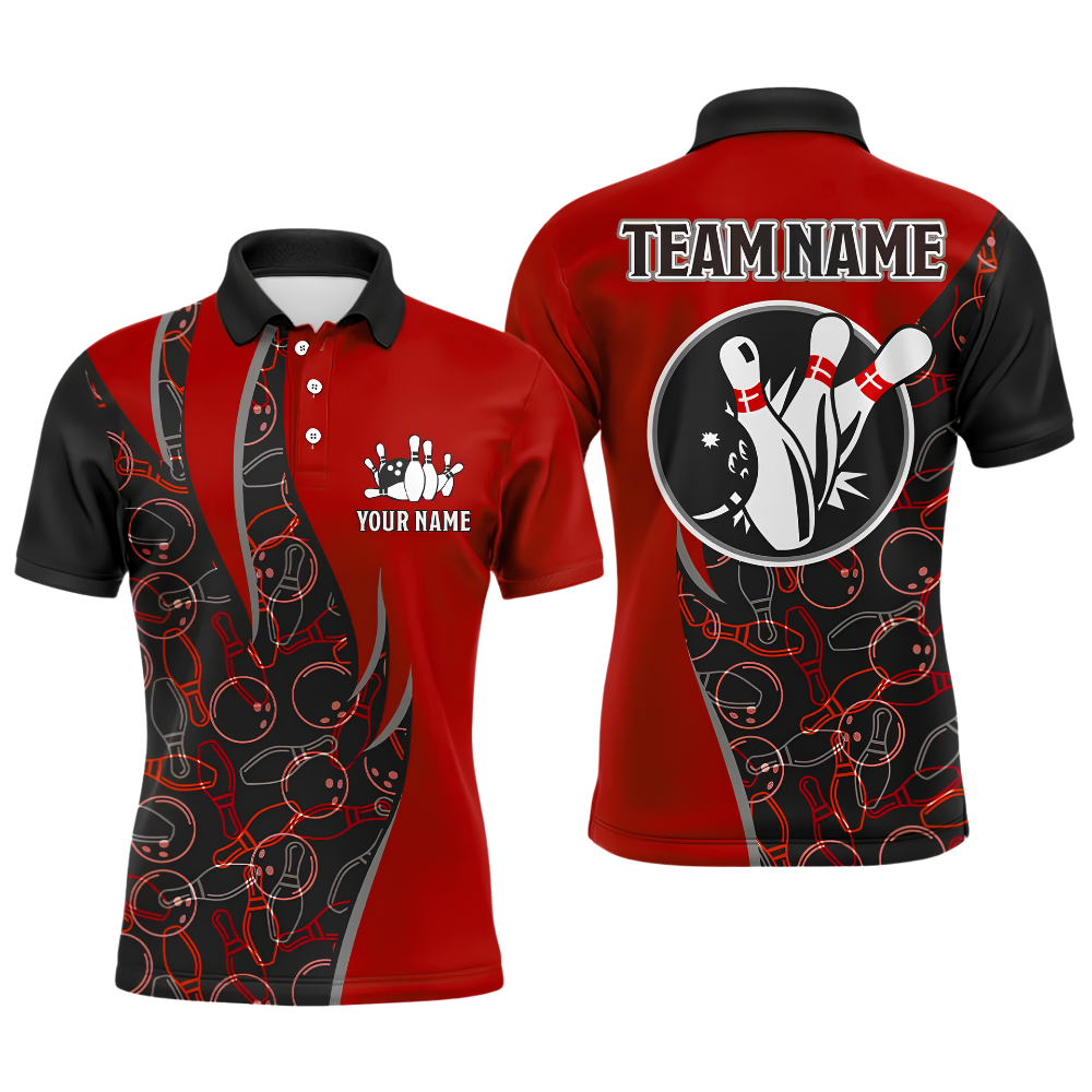 Custom Team Black And Red Polo Shirt For Men, Custom Bowling Shirt BZ1029