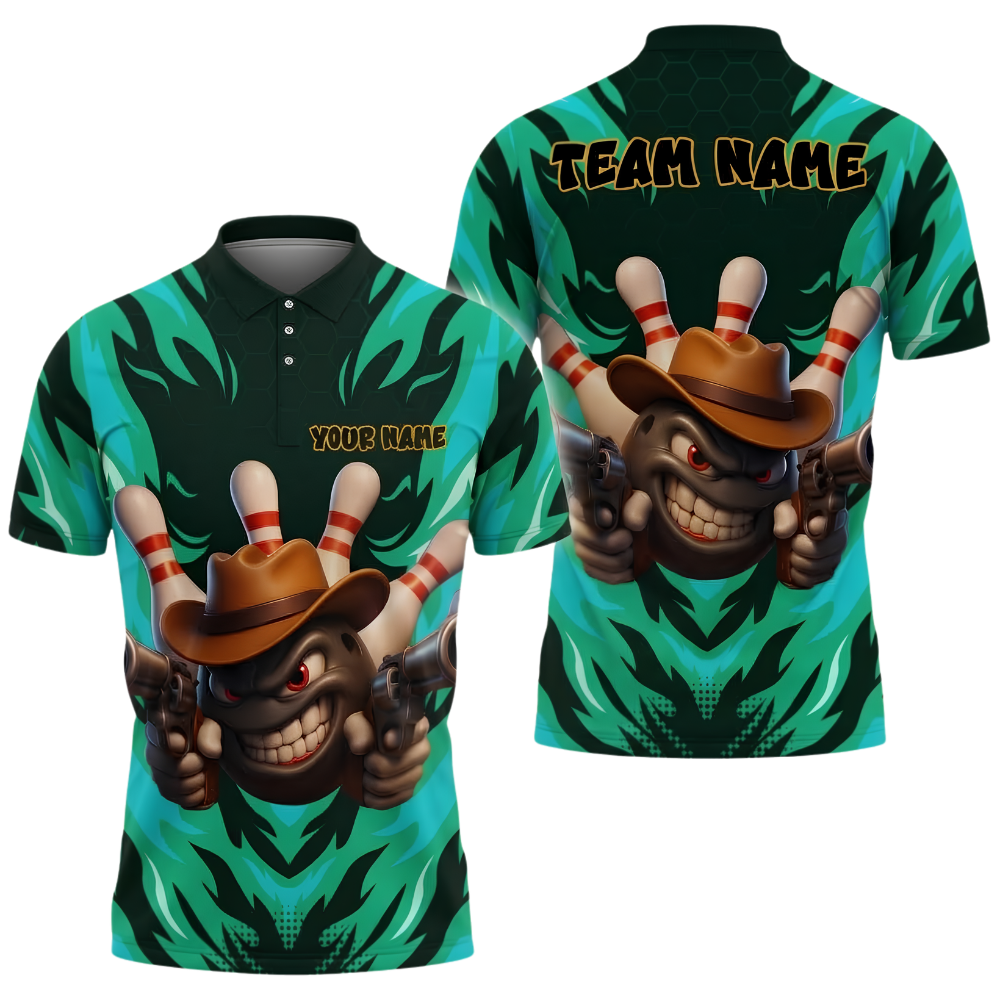 Custom Cowboy Ball Flame Bowling Men Polo Shirt, Custom Western Team Bowling Shirt BZ1023