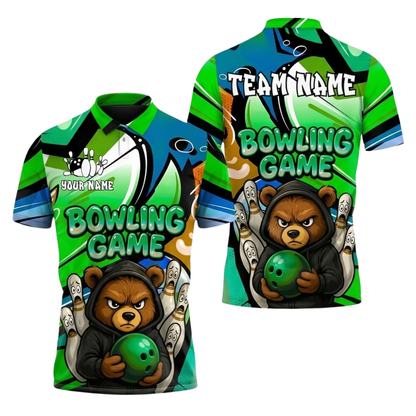 Angry Bear Custom Mens Bowling Polo Shirt, Custom Bear Team Bowling Shirts BZ0856