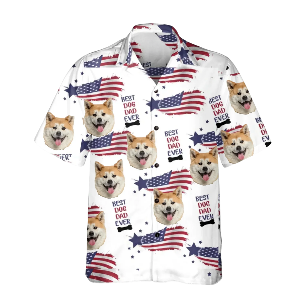 Best Dog Dad Ever Custom Dog Face USA Flag Hawaiian Shirt, Custom Pet Photo Hawaiian Shirt For Dad HE0520