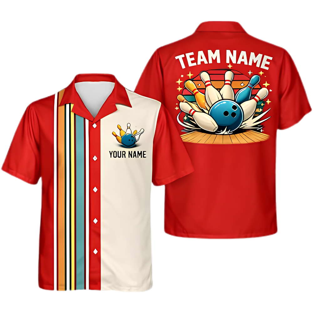 Custom Retro Black Bowling Hawaiian Shirt For Men, Custom Retro Bowling Shirt Team BZ0999