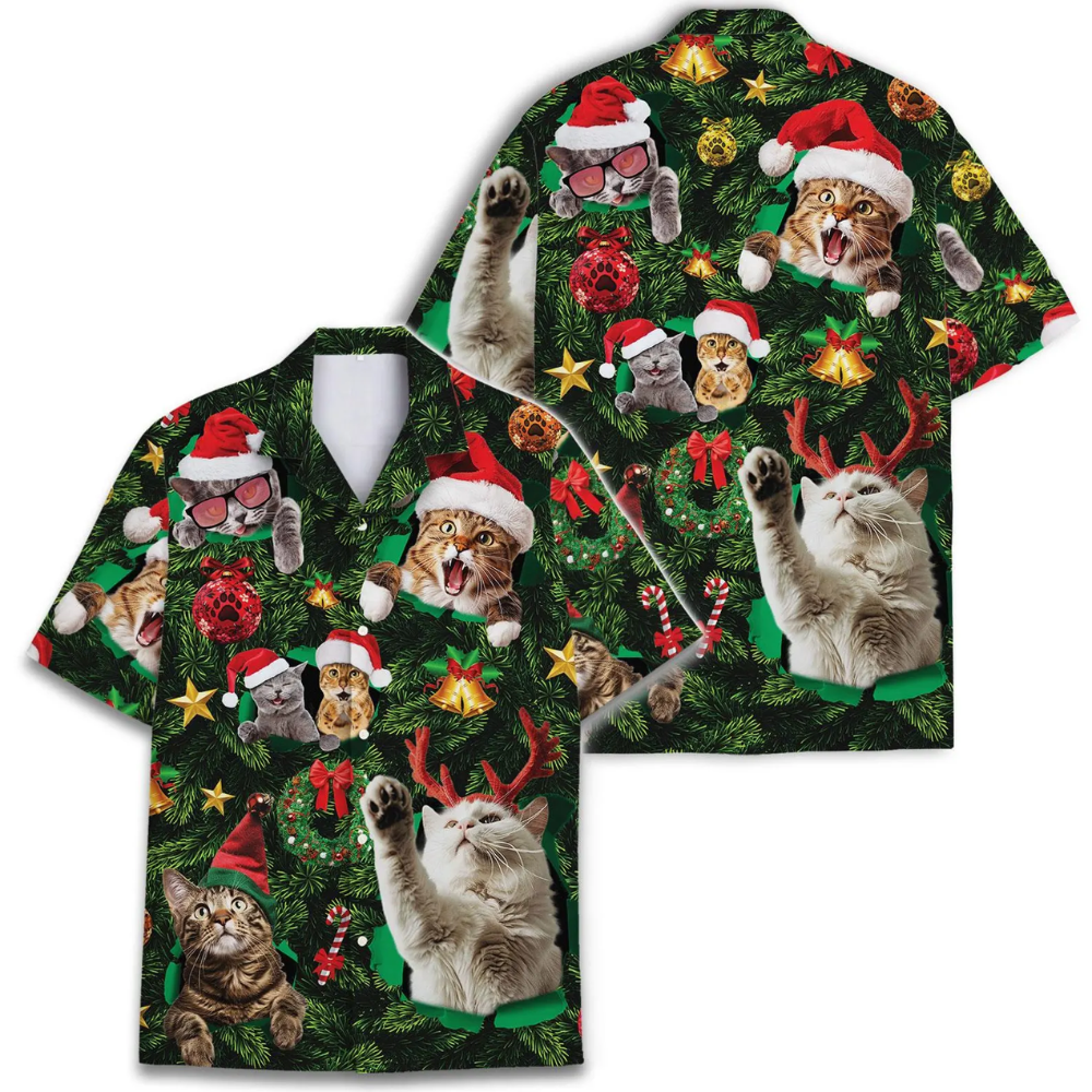 Funny Cat Xmas Tropical Hawaiian Shirt, Cat Christmas Hawaiian Shirt For Men Women HE0725