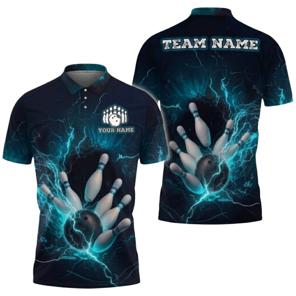 Blue Thunder Custom Mens Bowling Polo Shirt, Custom Thunder Team Bowling Shirts BZ0826