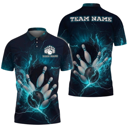 Blue Thunder Custom Mens Bowling Polo Shirt, Custom Thunder Team Bowling Shirts BZ0826
